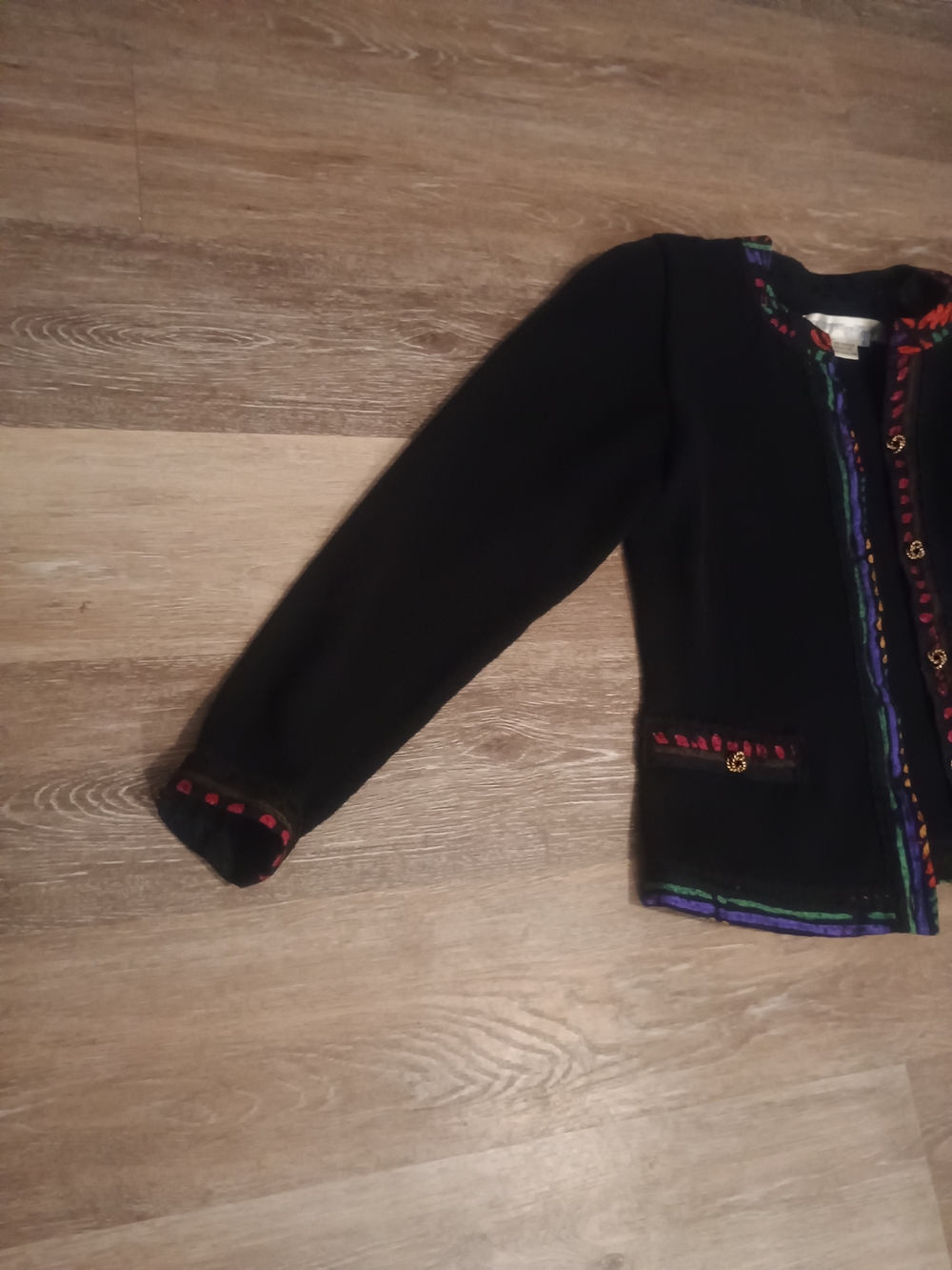 Anne Crimminys Black Knit Embroidered Sweater Cardigan with Multicolor Trim - Picture 6 of 16
